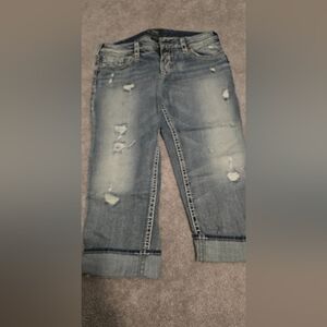 SILVER Distressed Blue crop Jeans